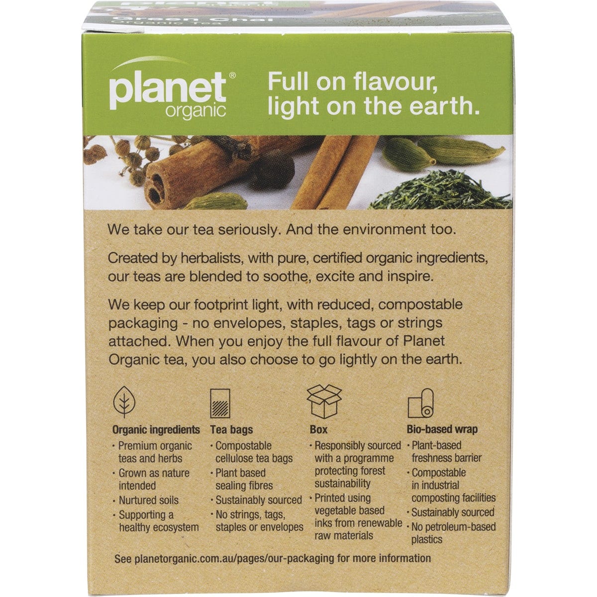 Back of a Planet Organic Green Chai box showing ingredients, brewing instructions, and certified organic information.