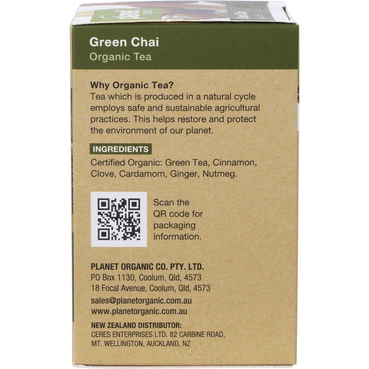 Right side of Planet Organic Green Chai tea box showing product benefits and Australian-owned logo on a white background.