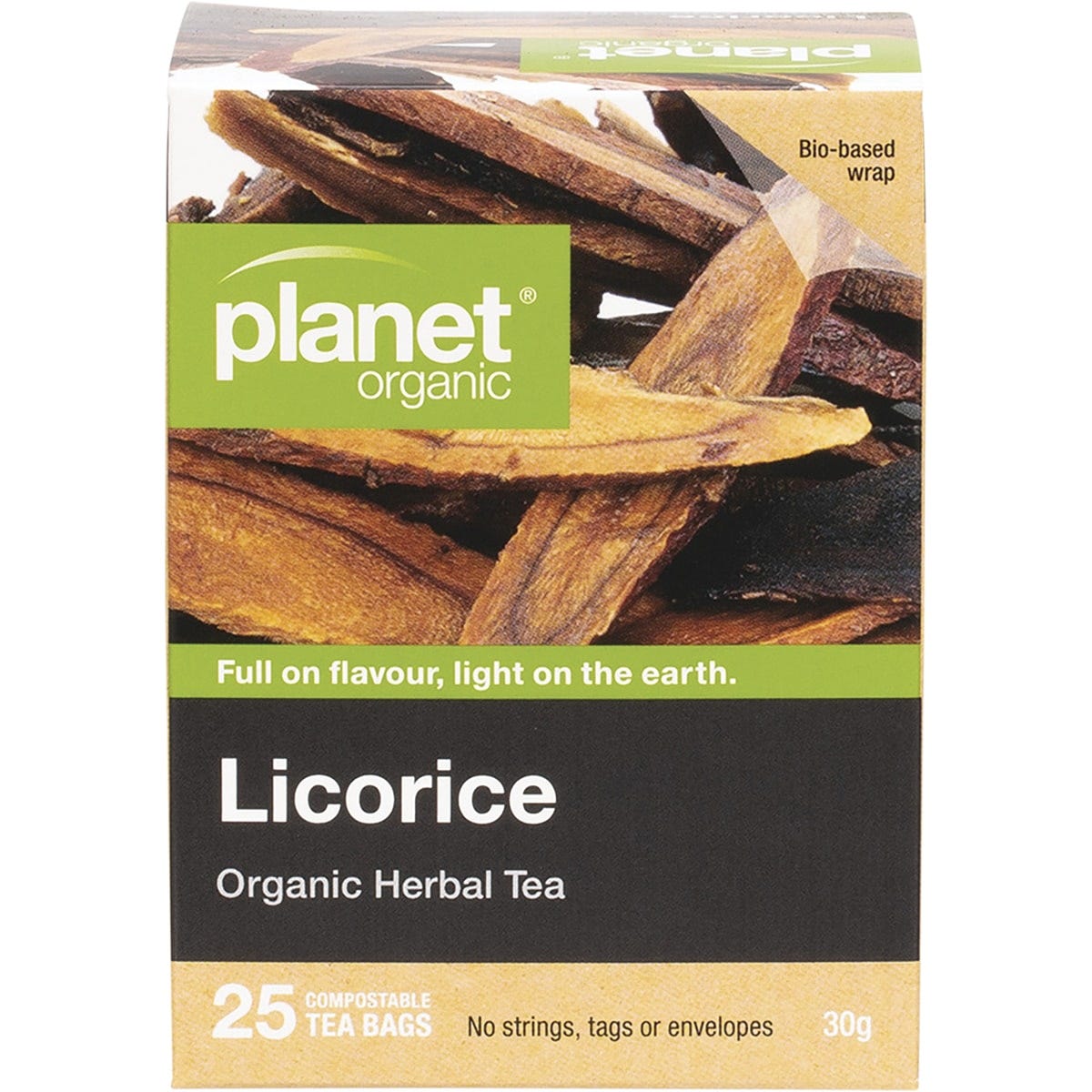 Planet Organic Licorice Herbal Tea 25 Pack box with a green and orange label on a white background.