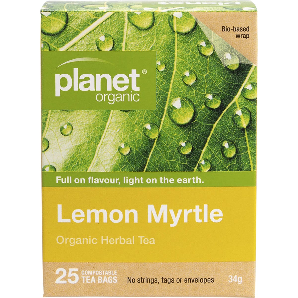 Box of 25 Planet Organic Lemon Myrtle herbal tea bags featuring a yellow and green design with a rainforest illustration.
