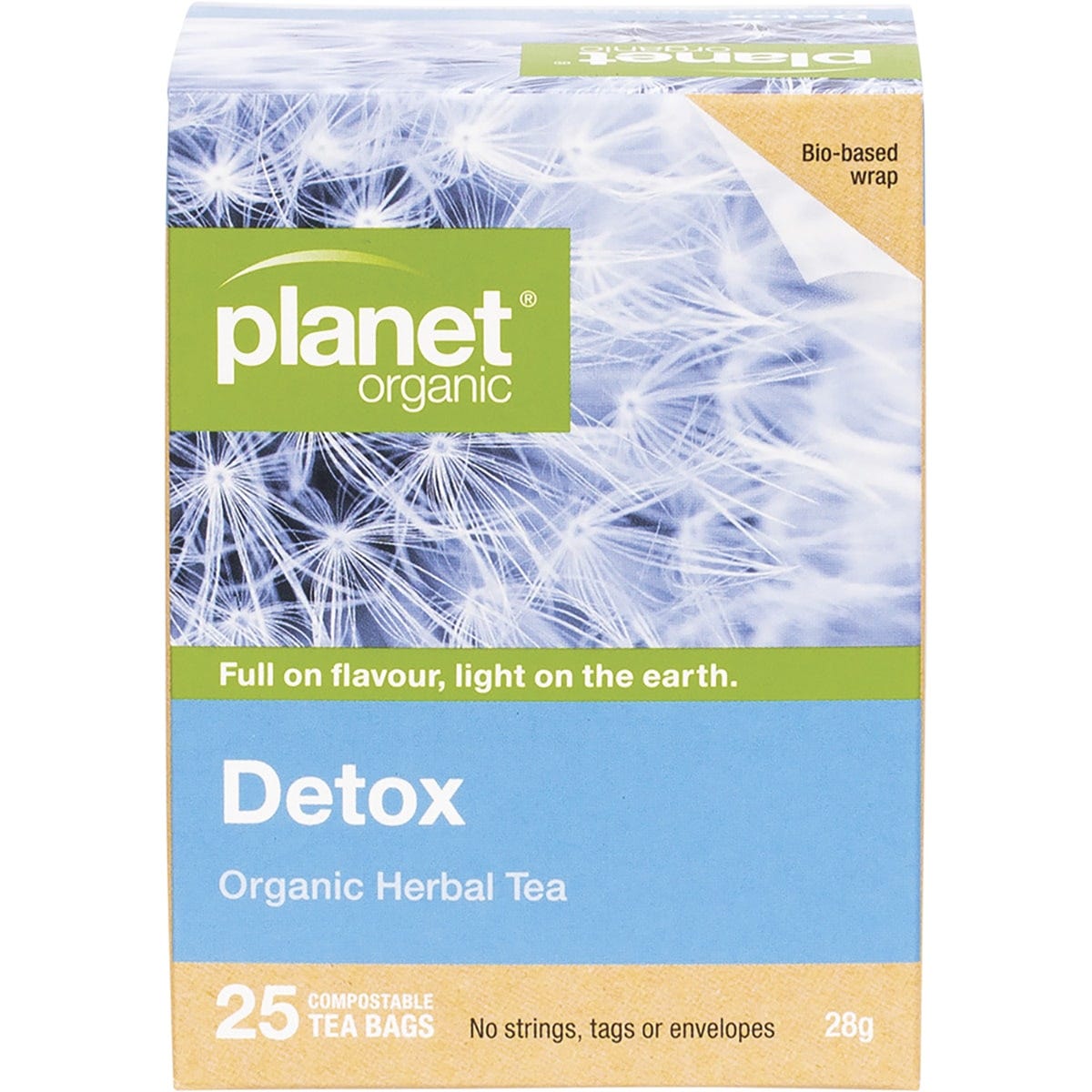 Box of 25 Planet Organic Detox herbal tea bags featuring dandelion, fennel, celery, and peppermint for natural clarity.