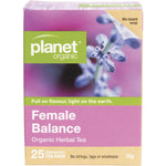Planet Organic Female Balance herbal tea box containing 25 tea bags, featuring chamomile and lemongrass illustrations.