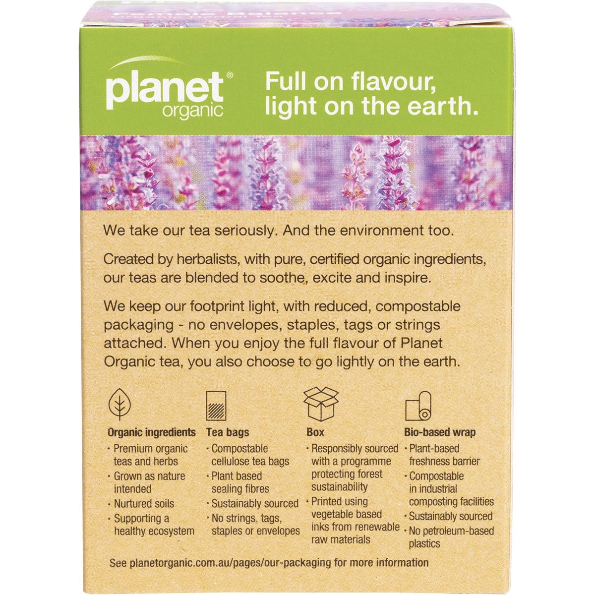 Back of Planet Organic Female Balance tea box showing ingredients, brewing instructions, and organic certification.