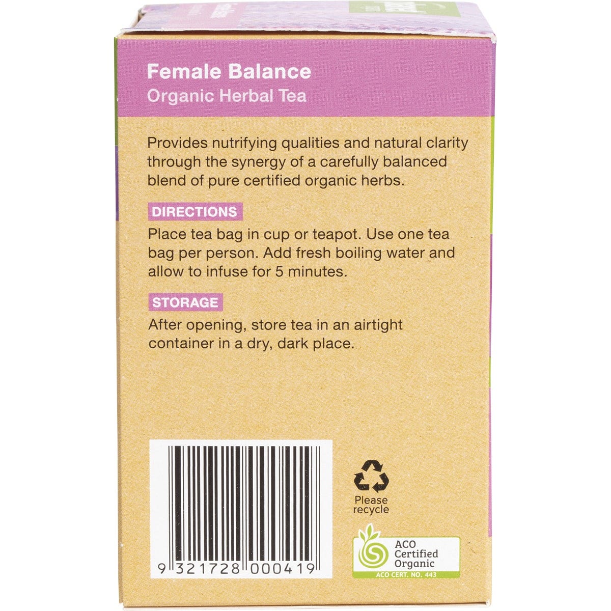 Side view of the Planet Organic Female Balance tea box highlighting its organic and Australian-owned credentials.