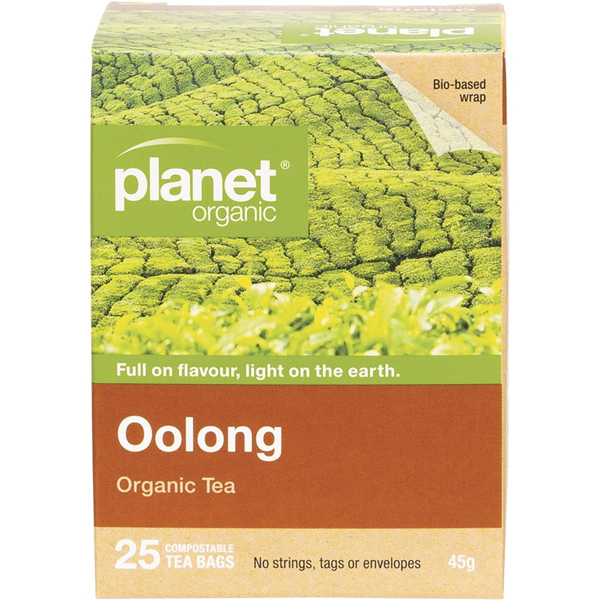 Box of 25 Planet Organic Oolong Tea bags featuring a minimalist design with green and orange botanical illustrations.