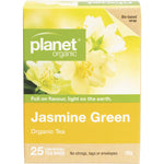 Planet Organic Jasmine Green Tea box featuring 25 tea bags with a green leaf and jasmine flower design.