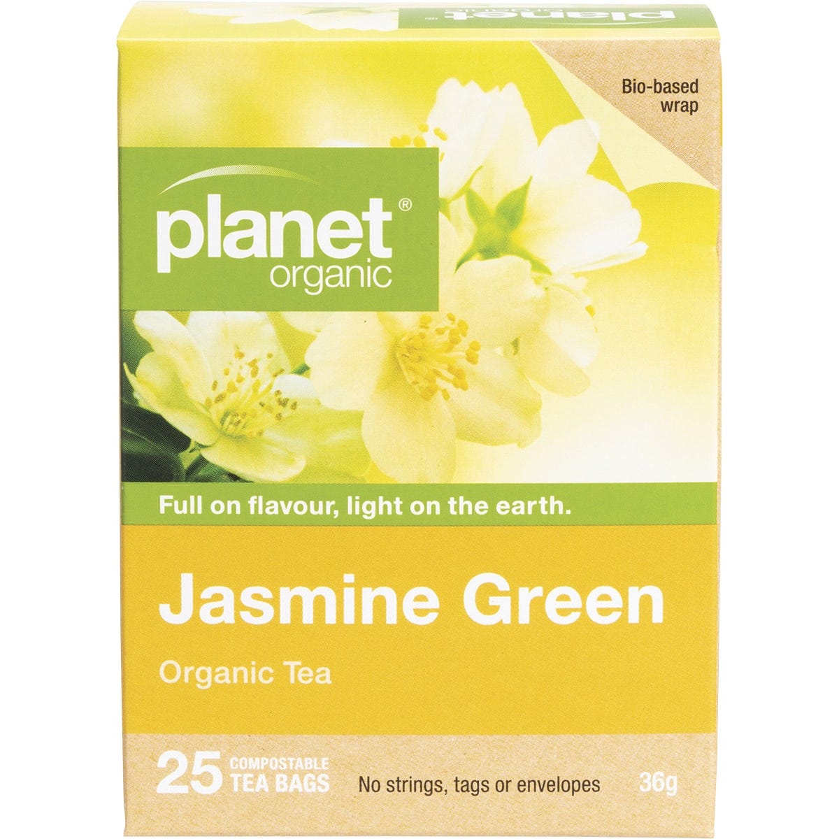 Planet Organic Jasmine Green Tea box featuring 25 tea bags with a green leaf and jasmine flower design.