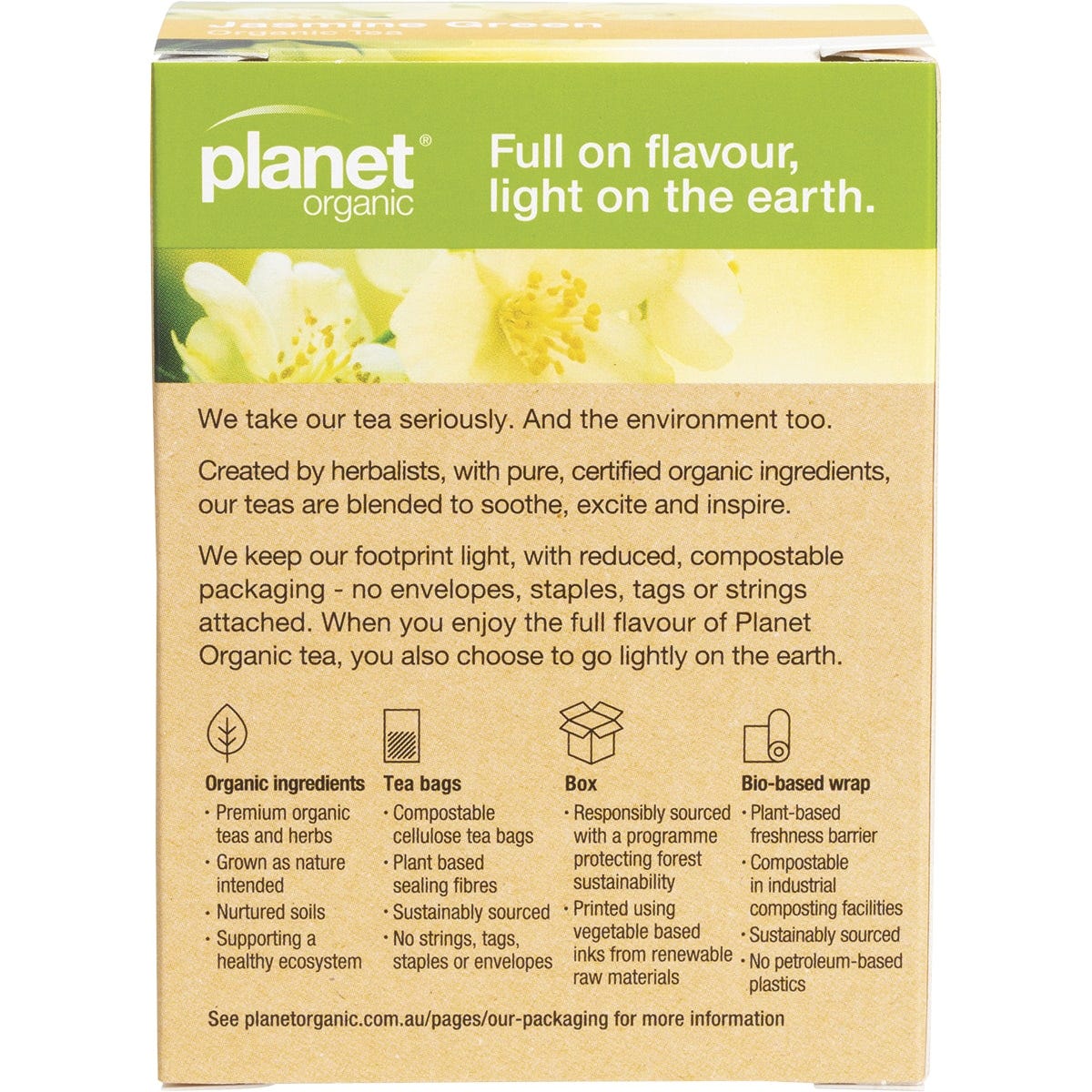 Rear of Planet Organic Jasmine Green Tea box showing ingredients, brewing instructions, and organic certification.