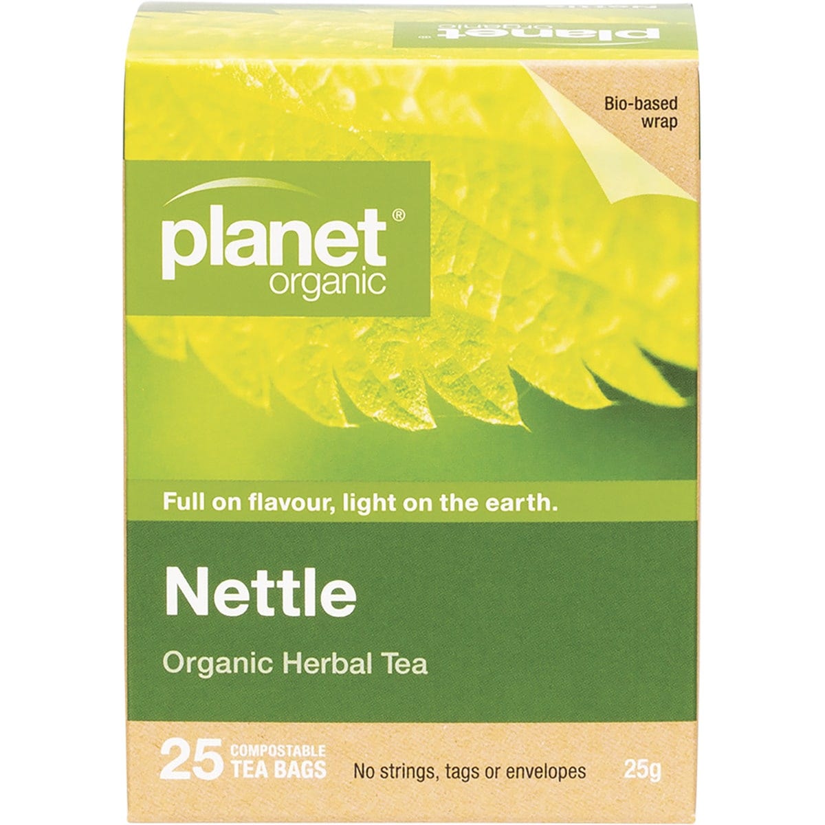 25 pack of Planet Organic Nettle herbal tea bags in a white box with green and gold botanical illustrations.