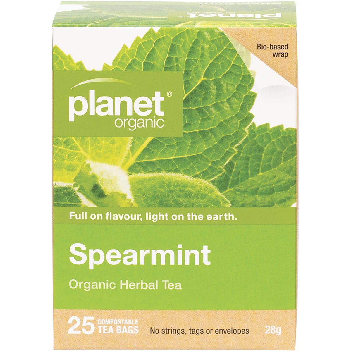 Planet Organic Spearmint Herbal Tea box featuring 25 tea bags and a green leaf design on a white background.