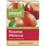 Planet Organic Rosehip and Hibiscus Herbal Tea box with 25 tea bags featuring a vibrant ruby red tea illustration.