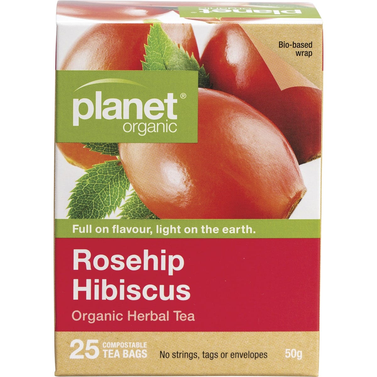 Planet Organic Rosehip and Hibiscus Herbal Tea box with 25 tea bags featuring a vibrant ruby red tea illustration.