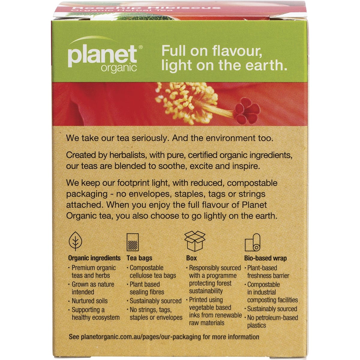 The back of a Planet Organic Rosehip & Hibiscus tea box showing nutritional facts and organic ingredients.