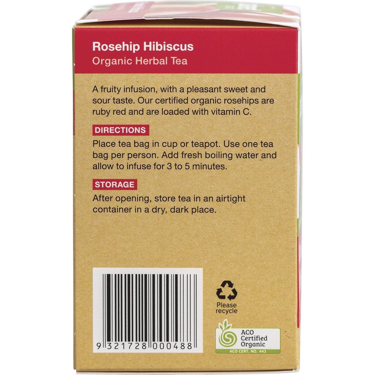 Side view of a Planet Organic Rosehip & Hibiscus tea box showing product benefits and a "Certified Organic" logo.