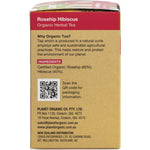 Right side of Planet Organic Rosehip & Hibiscus tea box showing product features and Australian made logo.