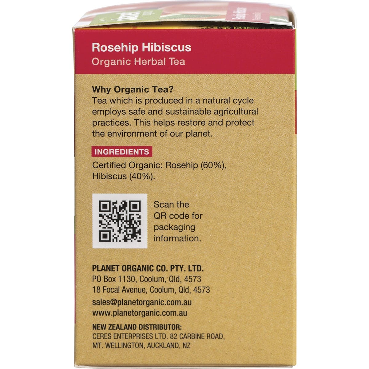 Right side of Planet Organic Rosehip & Hibiscus tea box showing product features and Australian made logo.
