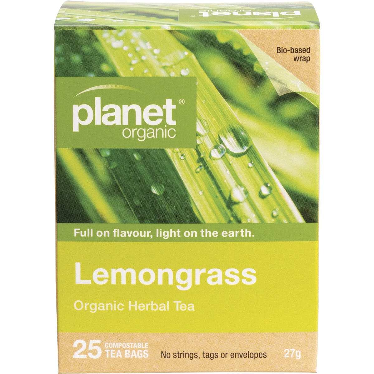 Box of Planet Organic Lemongrass Herbal Tea containing 25 tea bags, featuring a yellow and green design.