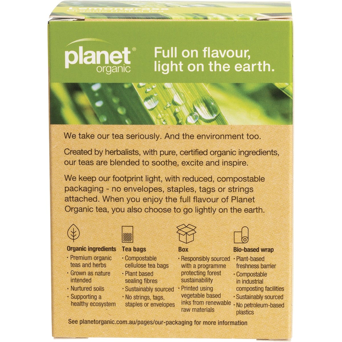 Back view of Planet Organic Lemongrass Tea box showing brewing instructions and product information.
