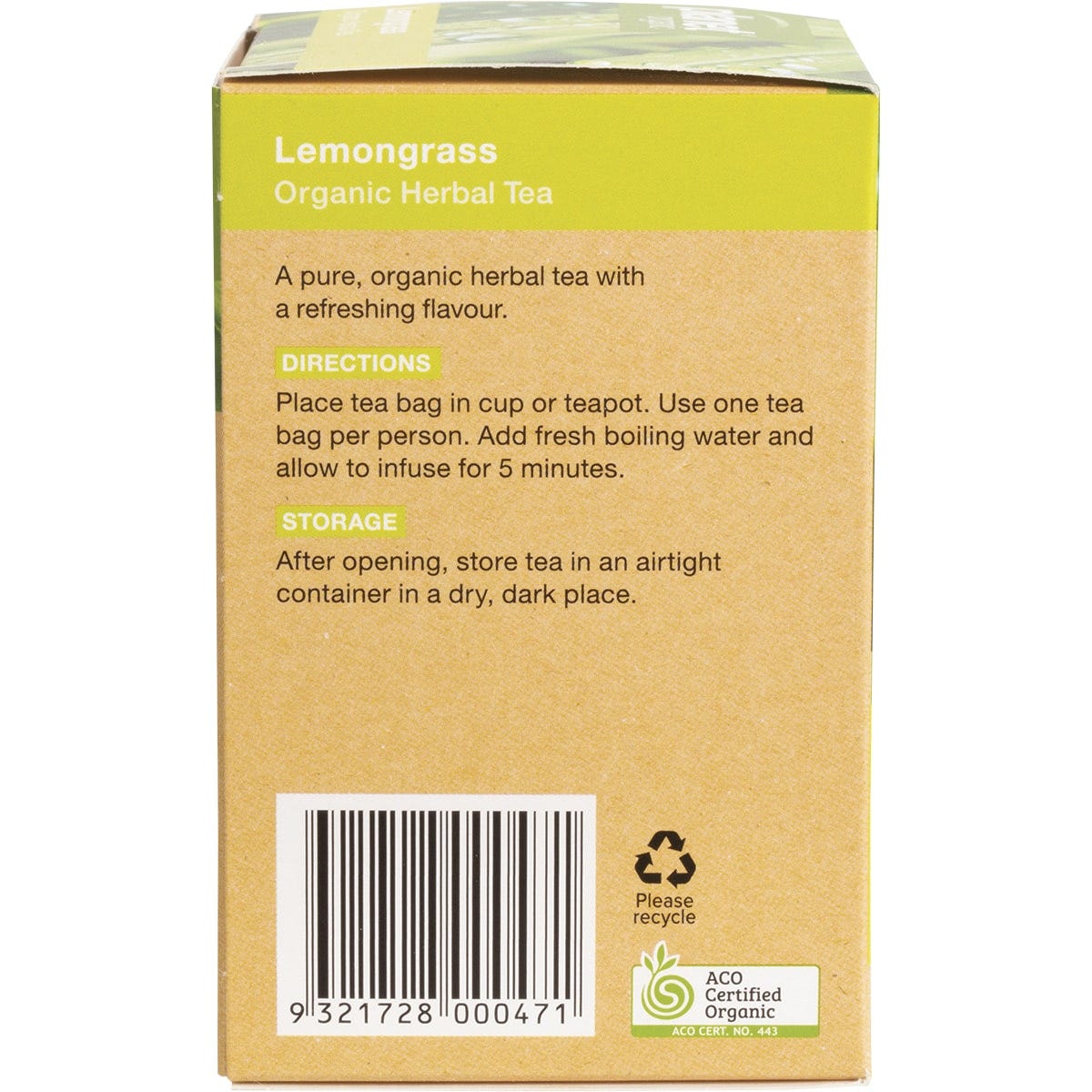 Side view of Planet Organic Lemongrass Tea box showing organic certification and product features.