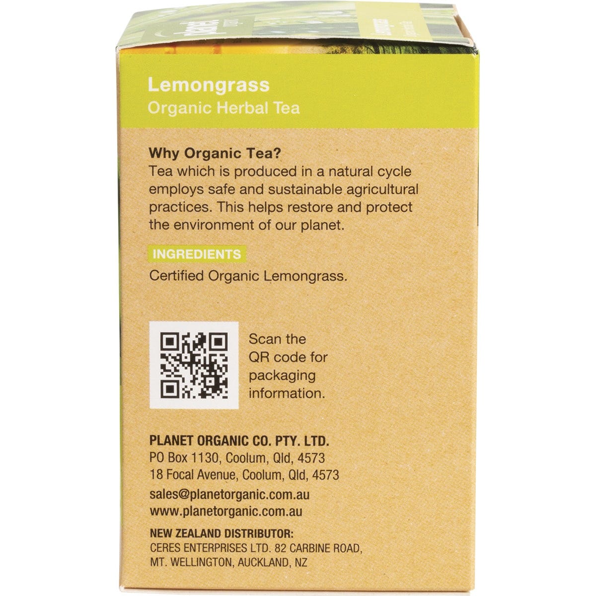 Right side of Planet Organic Lemongrass Tea box showing product benefits and a "Caffeine Free" label.