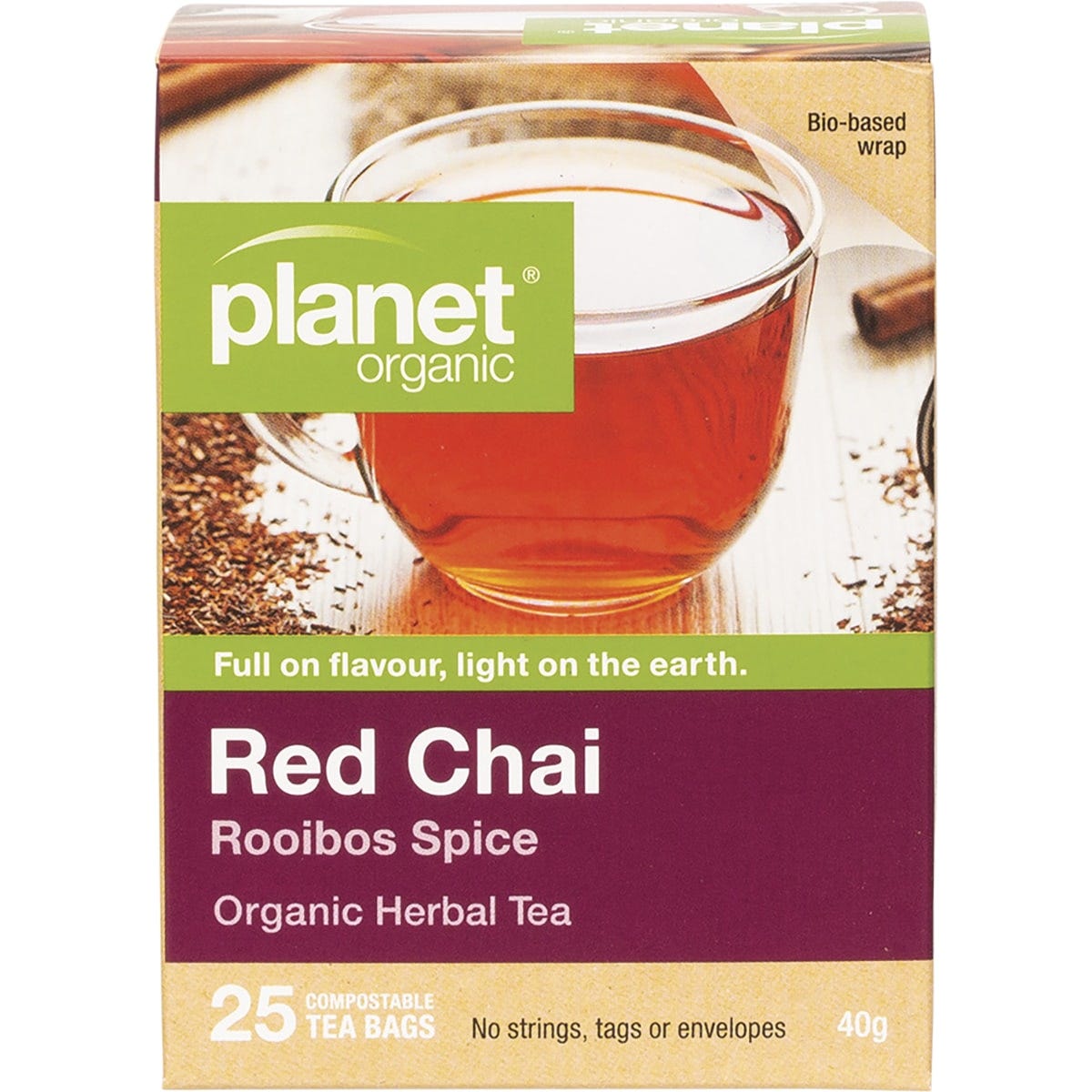 Box of 25 Planet Organic Red Chai herbal tea bags featuring a blend of rooibos and aromatic spices.