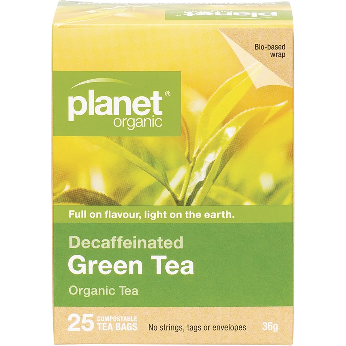 Box of 25 Planet Organic Decaffeinated Green Tea bags with a yellowish infusion and organic certification logos.