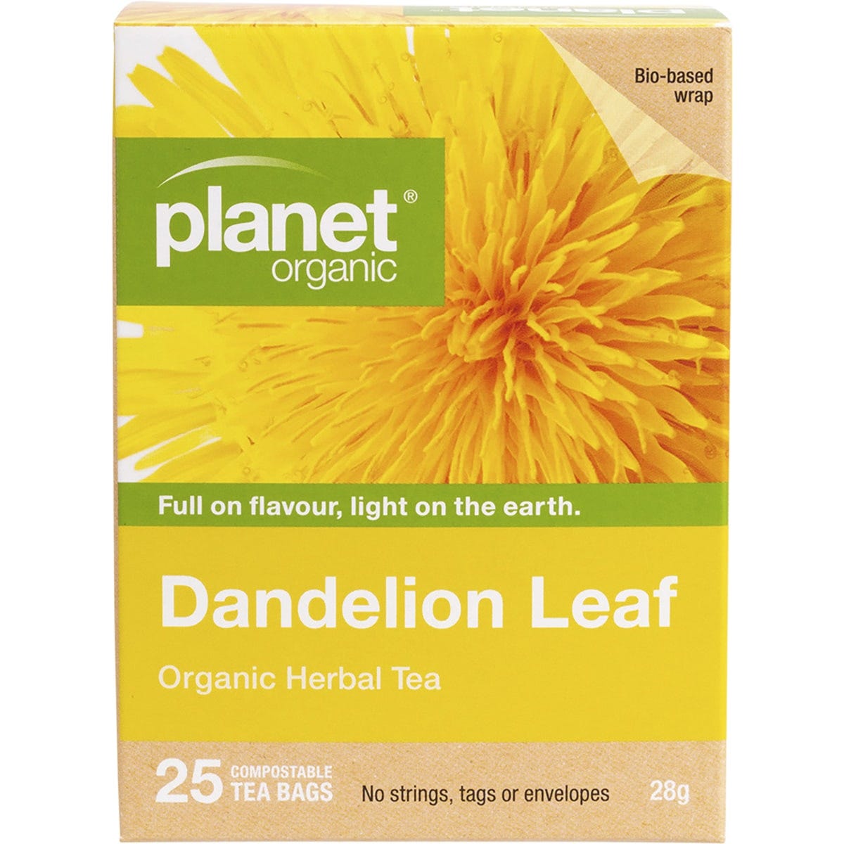Box of 25 Planet Organic Dandelion Leaf herbal tea bags featuring a white label with yellow dandelion illustrations.