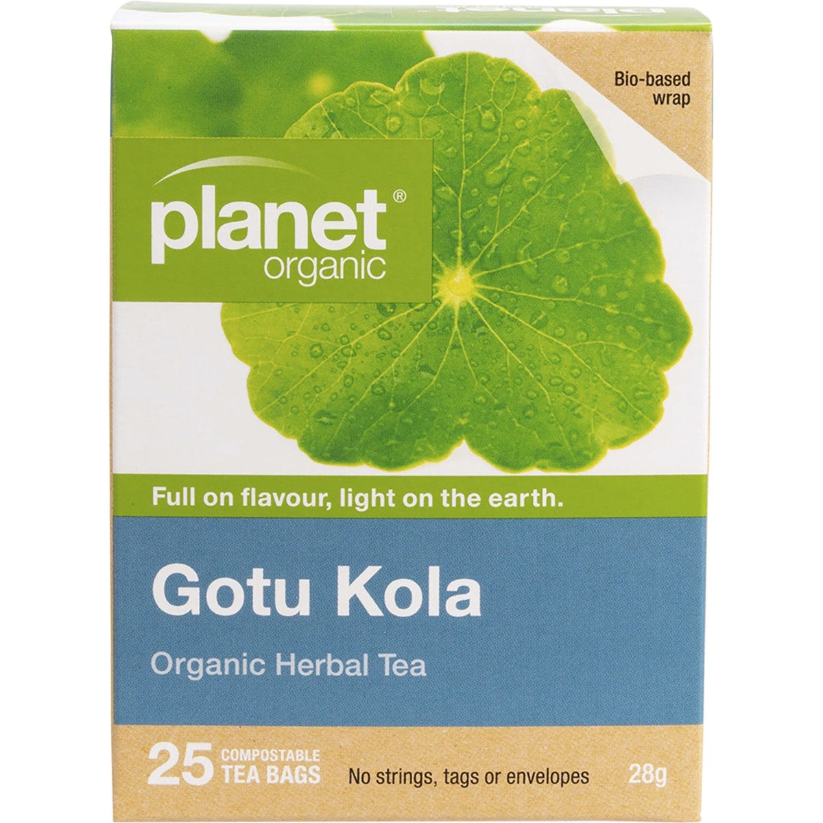 Box of 25 Planet Organic Gotu Kola herbal tea bags featuring a purple and green label with botanical illustrations.
