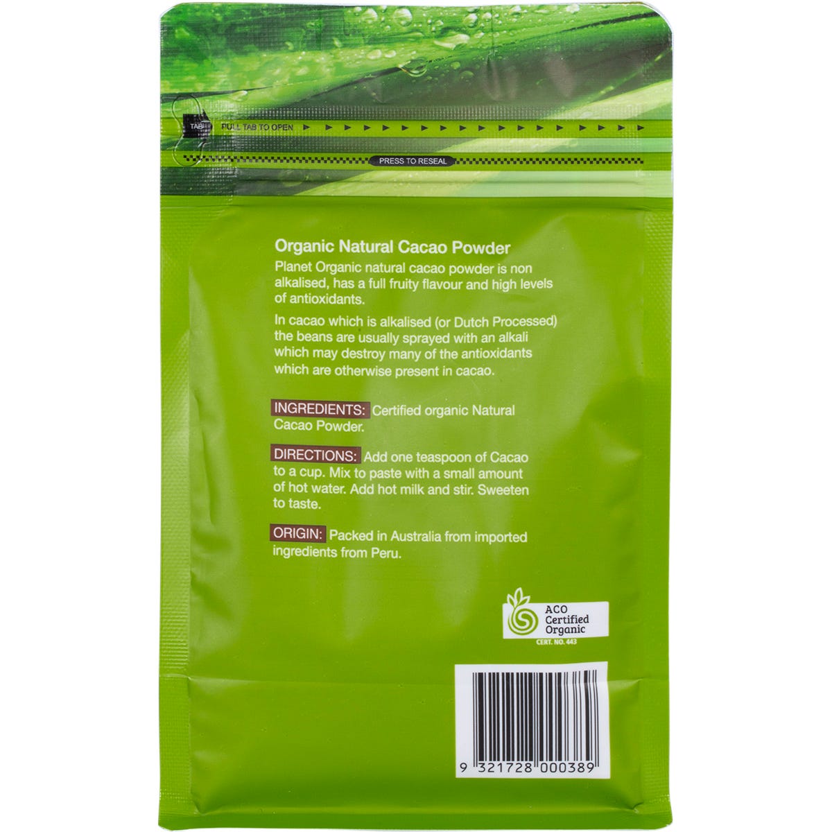 Back of a 175g Planet Organic Cacao Powder bag showing nutritional information and product details.