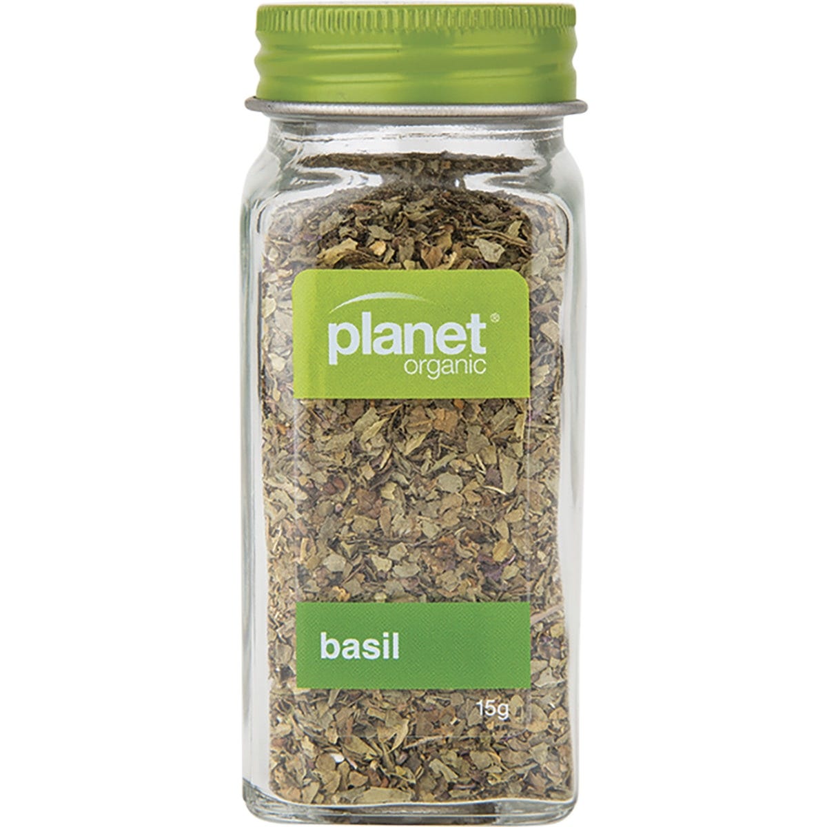 Planet Organic 15g glass shaker of certified organic basil herb, perfect for Italian cooking and seasoning.
