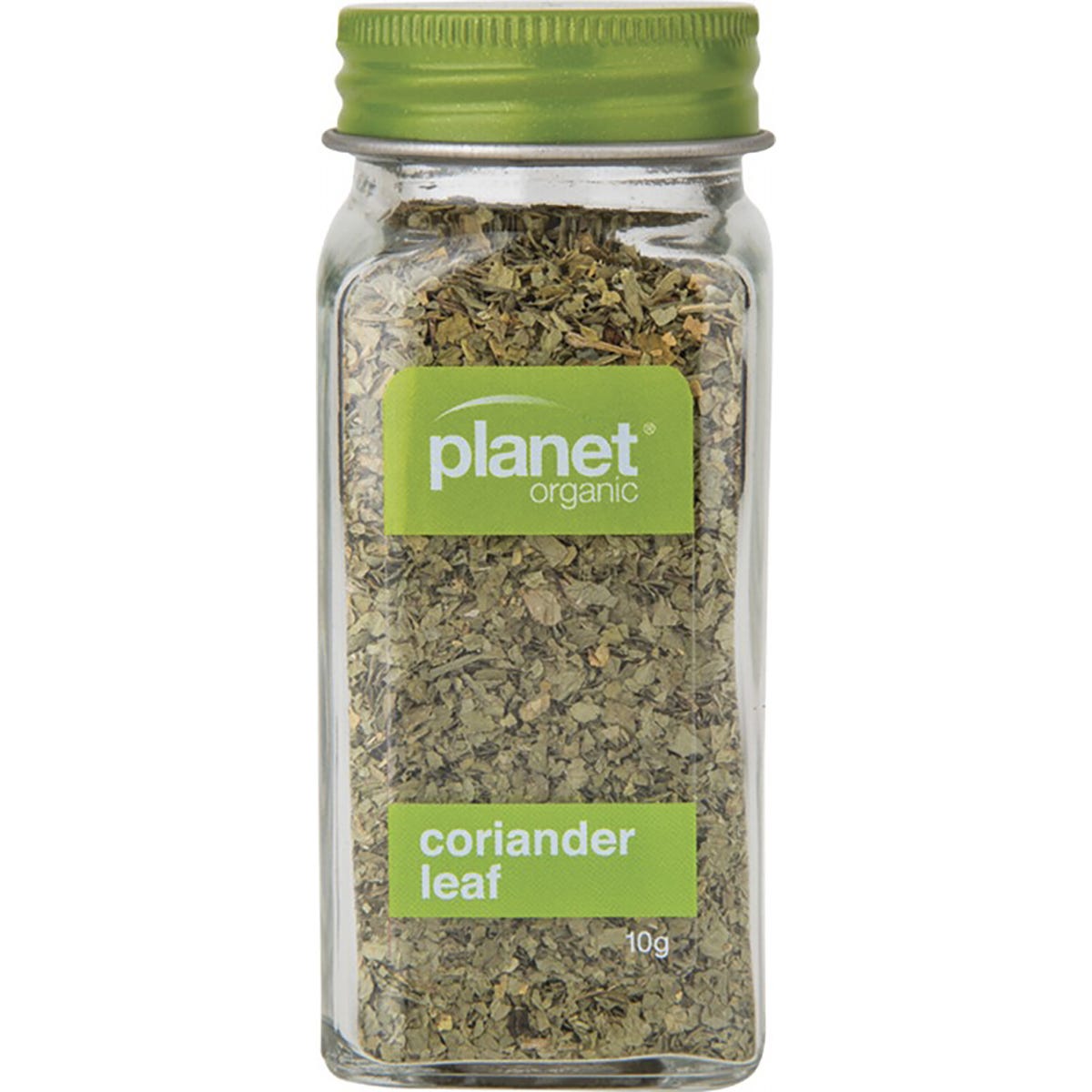 Planet Organic Coriander Leaf 10g shaker jar with a green label and white lid on a plain background.