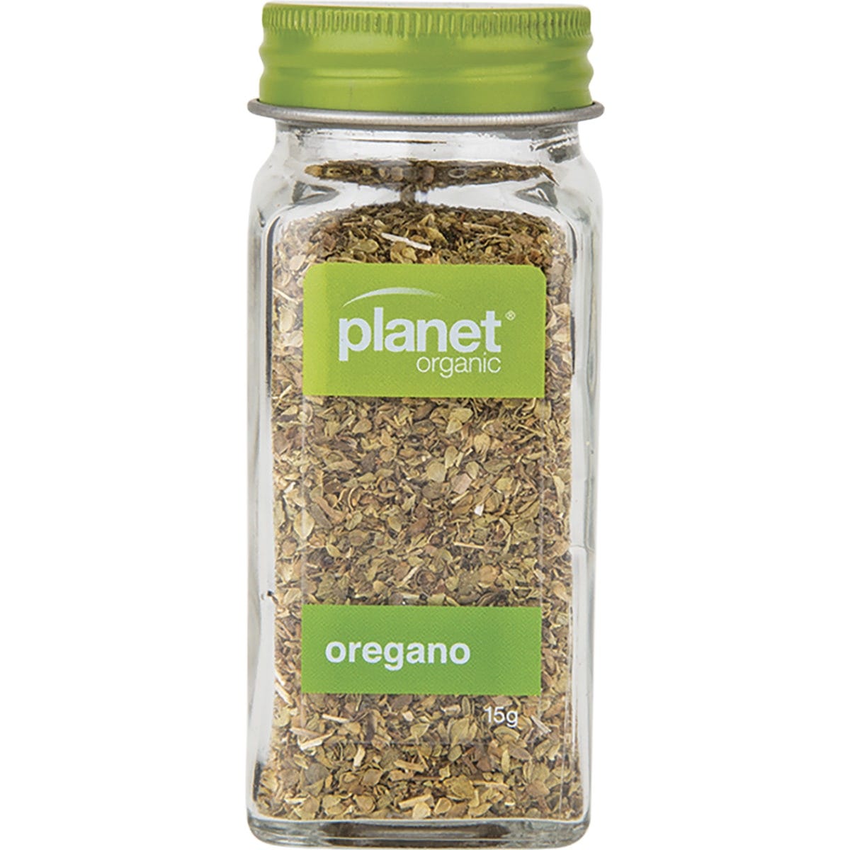 15g jar of Planet Organic Oregano, a certified organic dried herb used for Italian and Mediterranean cooking.