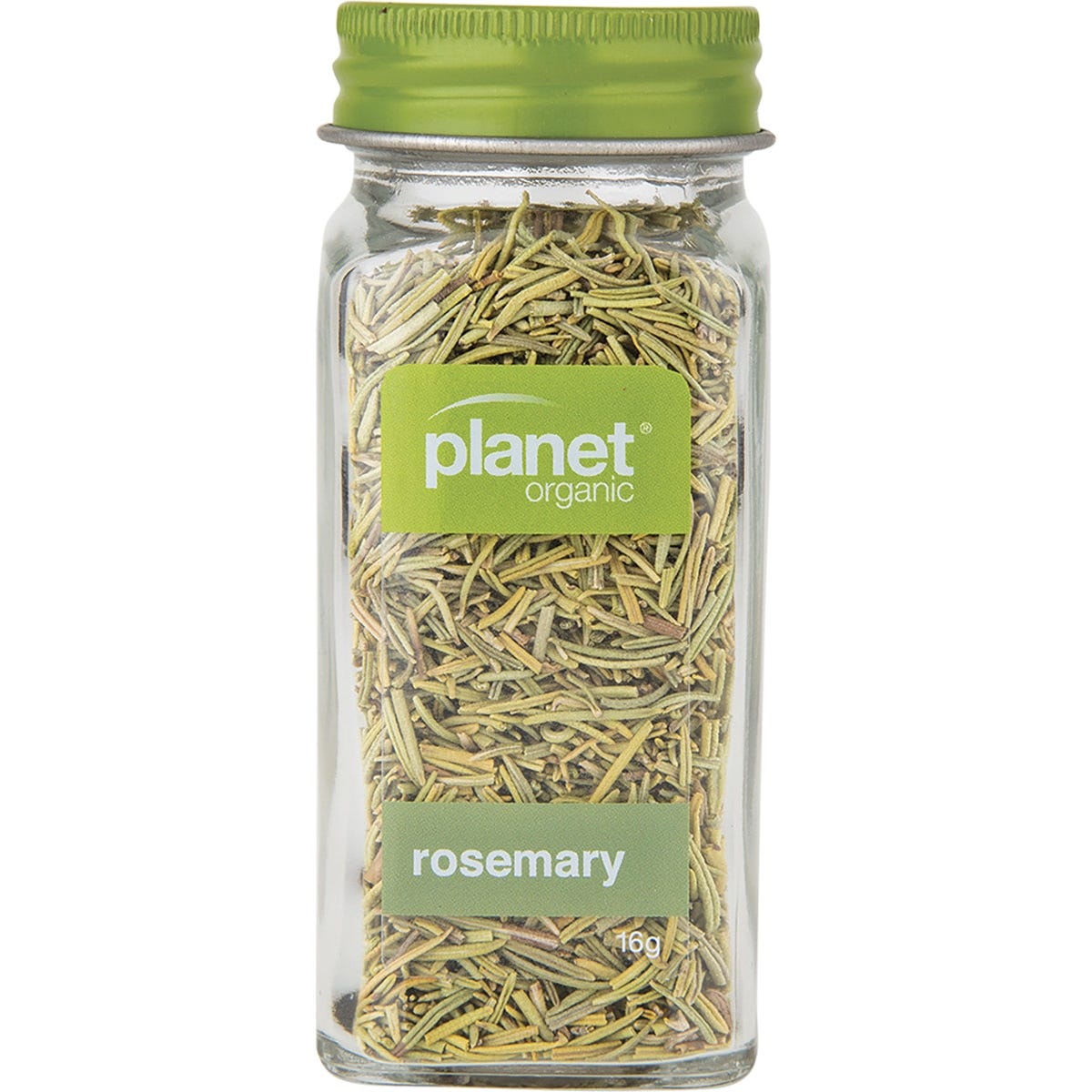 16g glass jar of Planet Organic Rosemary featuring dried needle-like leaves and a green botanical label.
