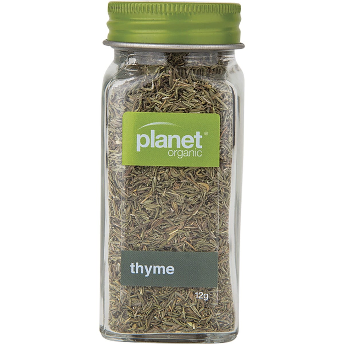 Planet Organic Thyme 12g glass jar with a green label featuring a botanical illustration of thyme.