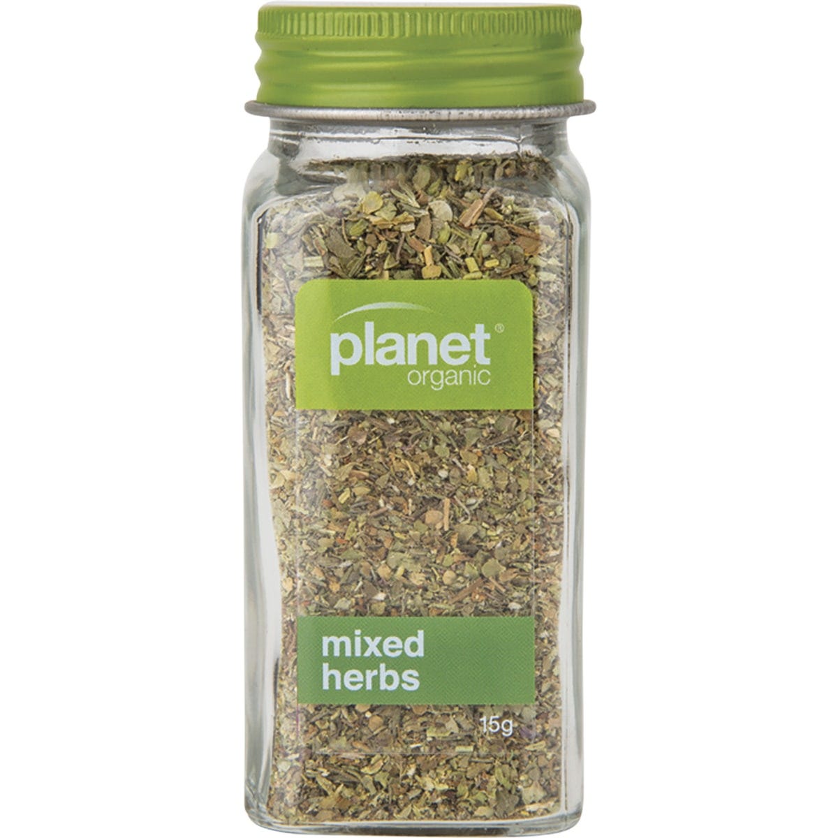 Planet Organic 15g jar of certified organic mixed herbs containing thyme, rosemary, marjoram, basil, oregano and sage.