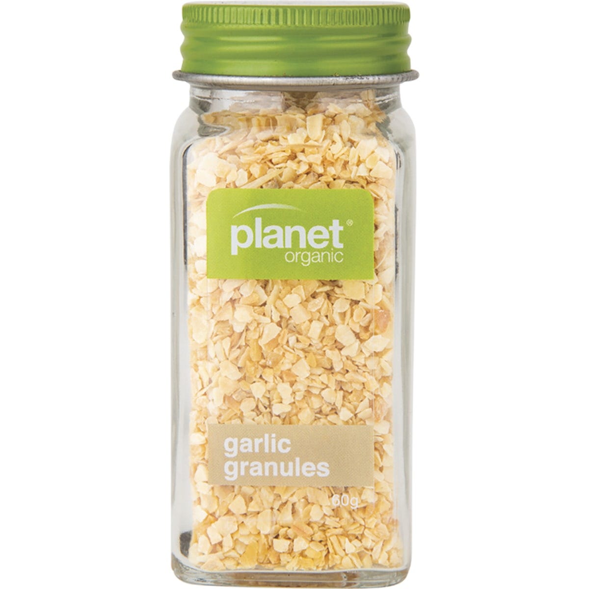 60g glass jar of Planet Organic Garlic Granules with a white label and gold-colored lid on a white background.