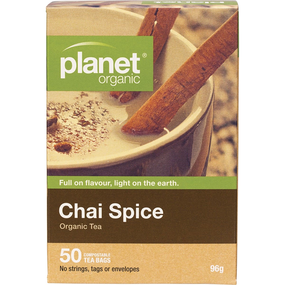 Planet Organic Chai Spice tea box with 50 tea bags, featuring organic black tea and aromatic spices.