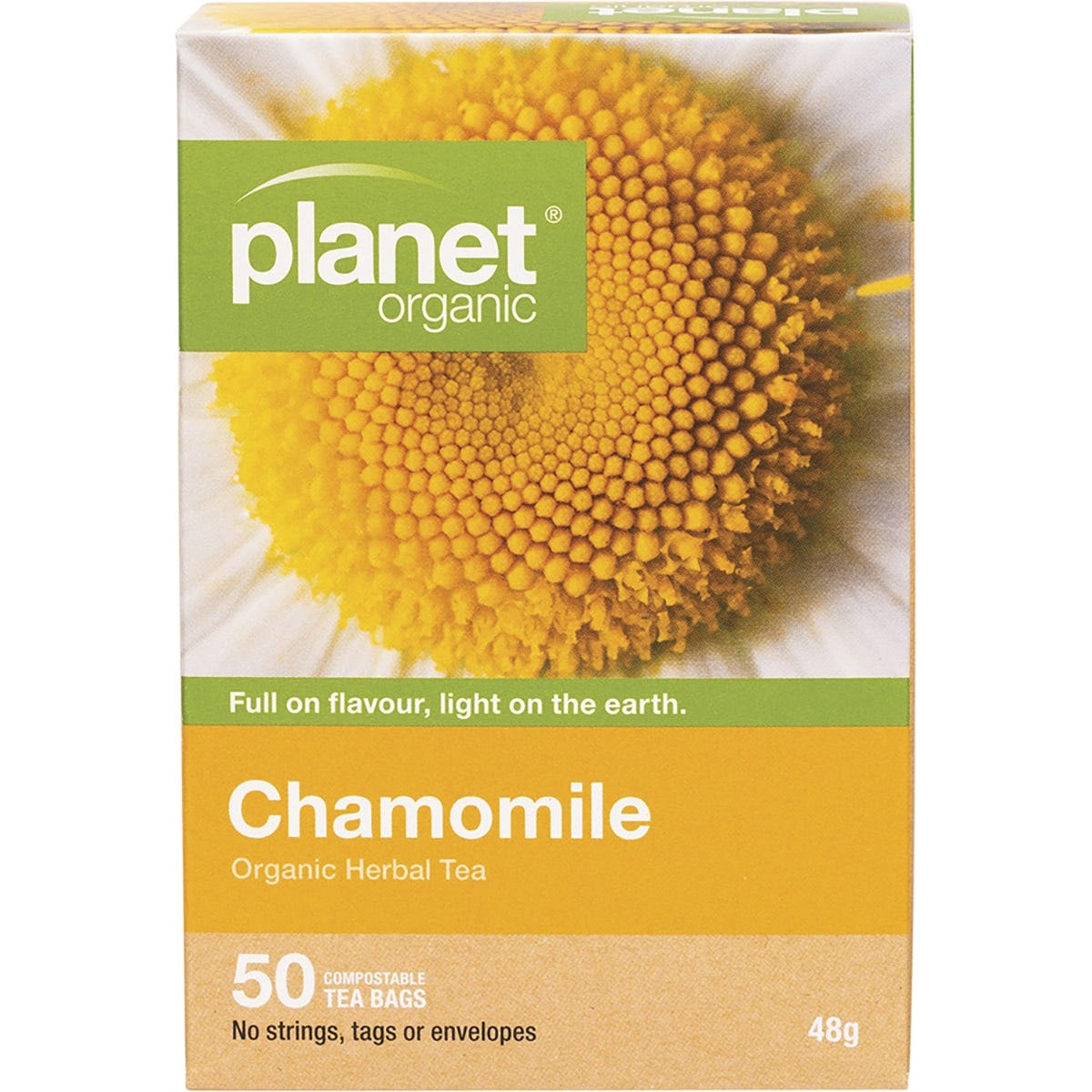 Box of 50 Planet Organic Chamomile herbal tea bags featuring yellow chamomile flower illustrations on a white background.