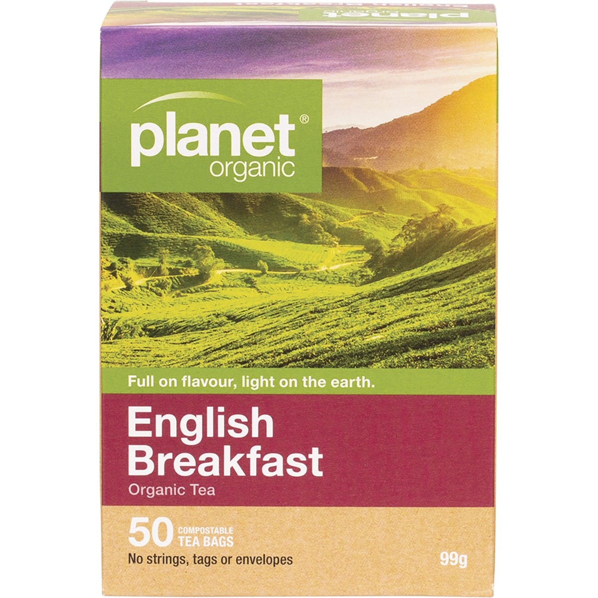 Box of 50 Planet Organic English Breakfast herbal tea bags with a blue label and mountain illustration.