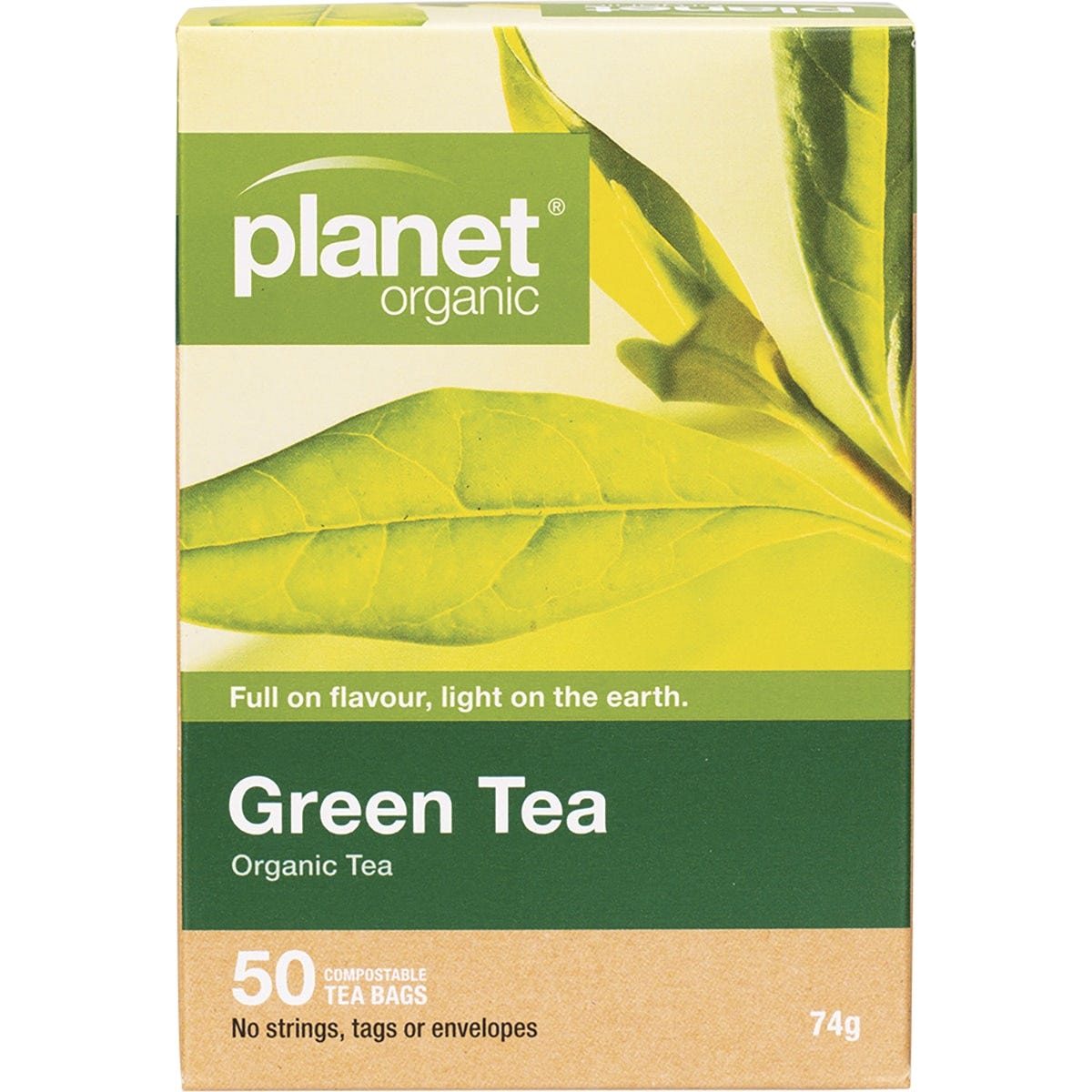 Box of 50 Planet Organic Green Tea herbal tea bags featuring a white and green design with a tea leaf illustration.