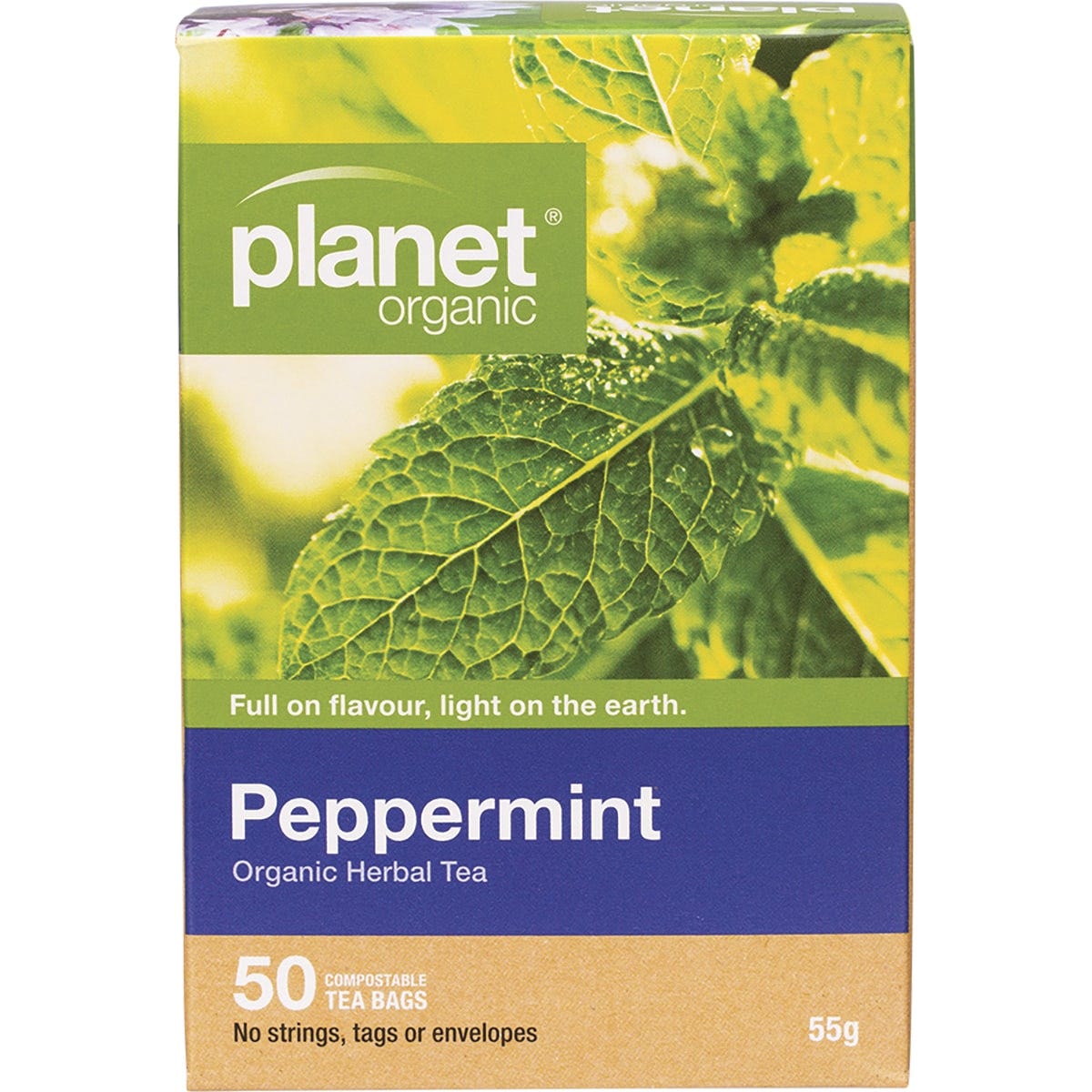Planet Organic Peppermint Herbal Tea 50 Tea Bags box with a green label and peppermint leaf illustrations.