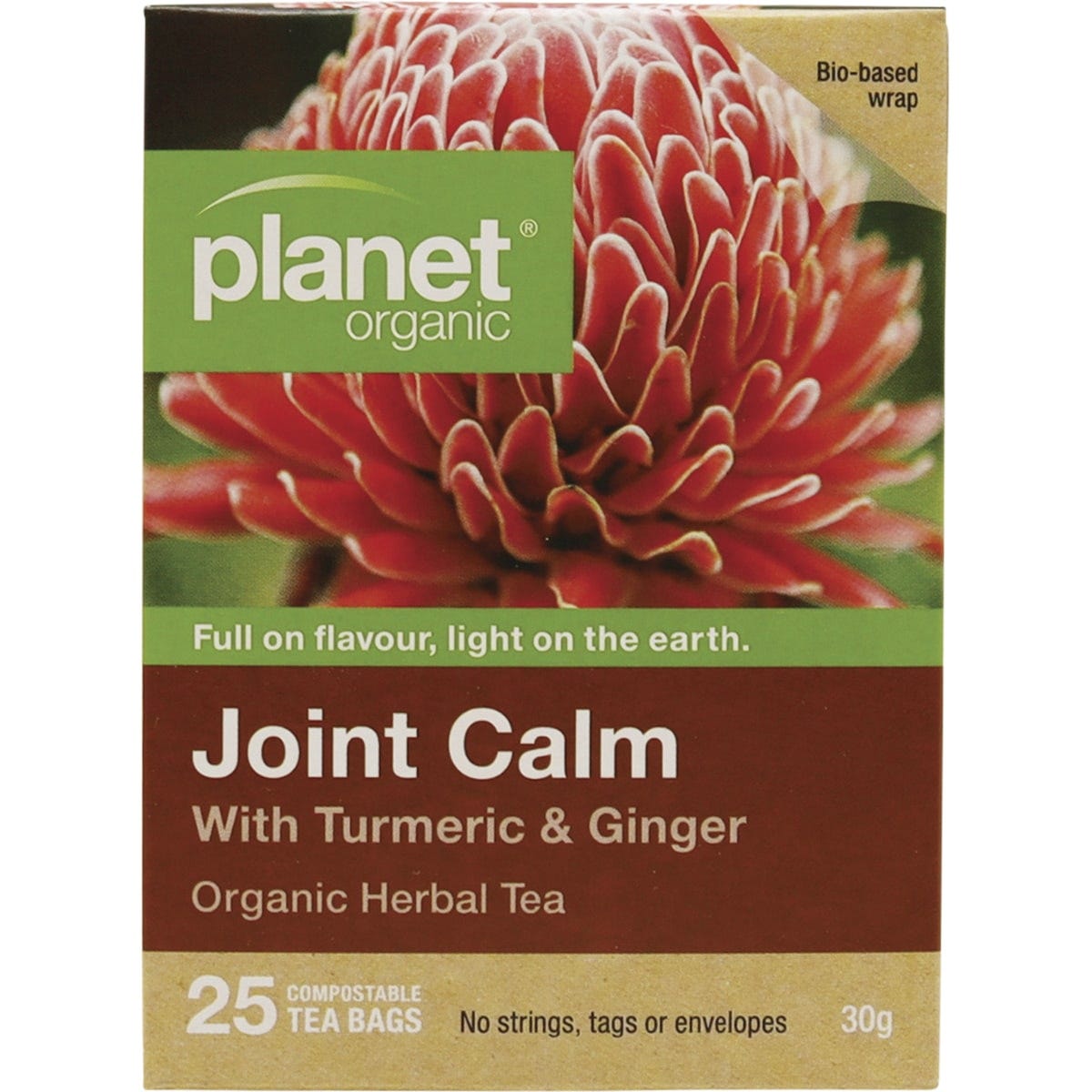 Box of 25 Planet Organic Joint Calm herbal tea bags featuring turmeric and ginger on a white background.