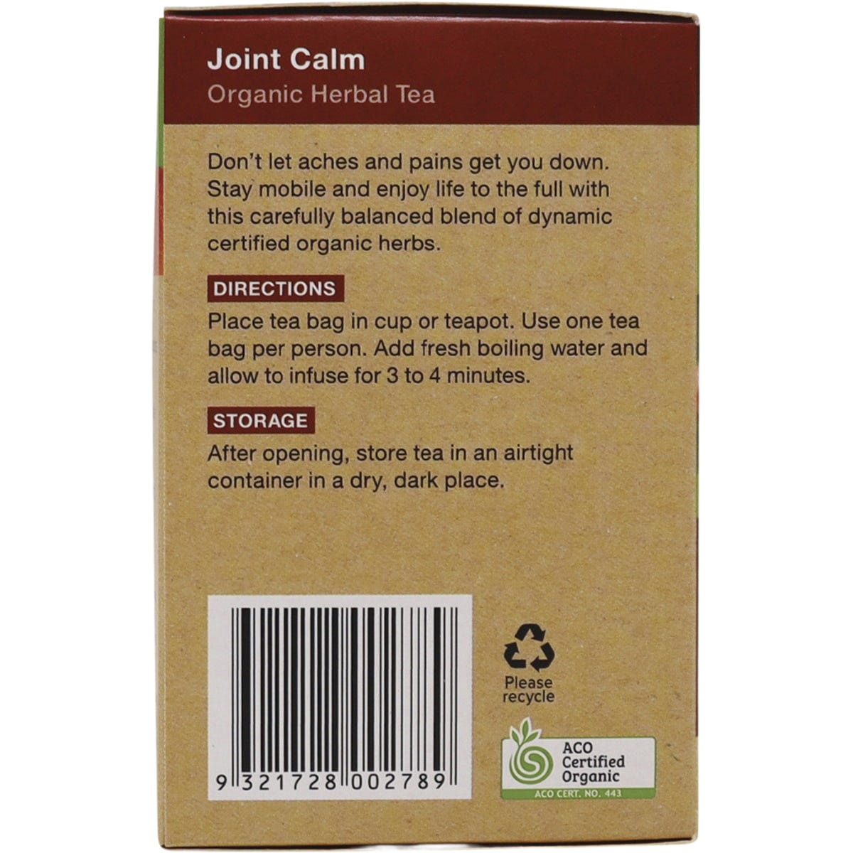 Side view of Planet Organic Joint Calm tea box showing product benefits and a "100% Certified Organic" logo.