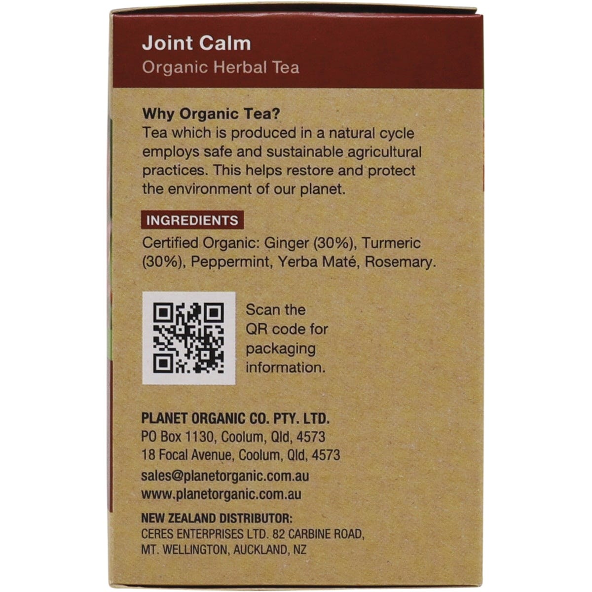 Right side of Planet Organic Joint Calm tea box featuring product highlights and certified organic logo.