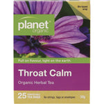 Box of 25 Planet Organic Throat Calm herbal tea bags featuring echinacea and marshmallow root on a white background.