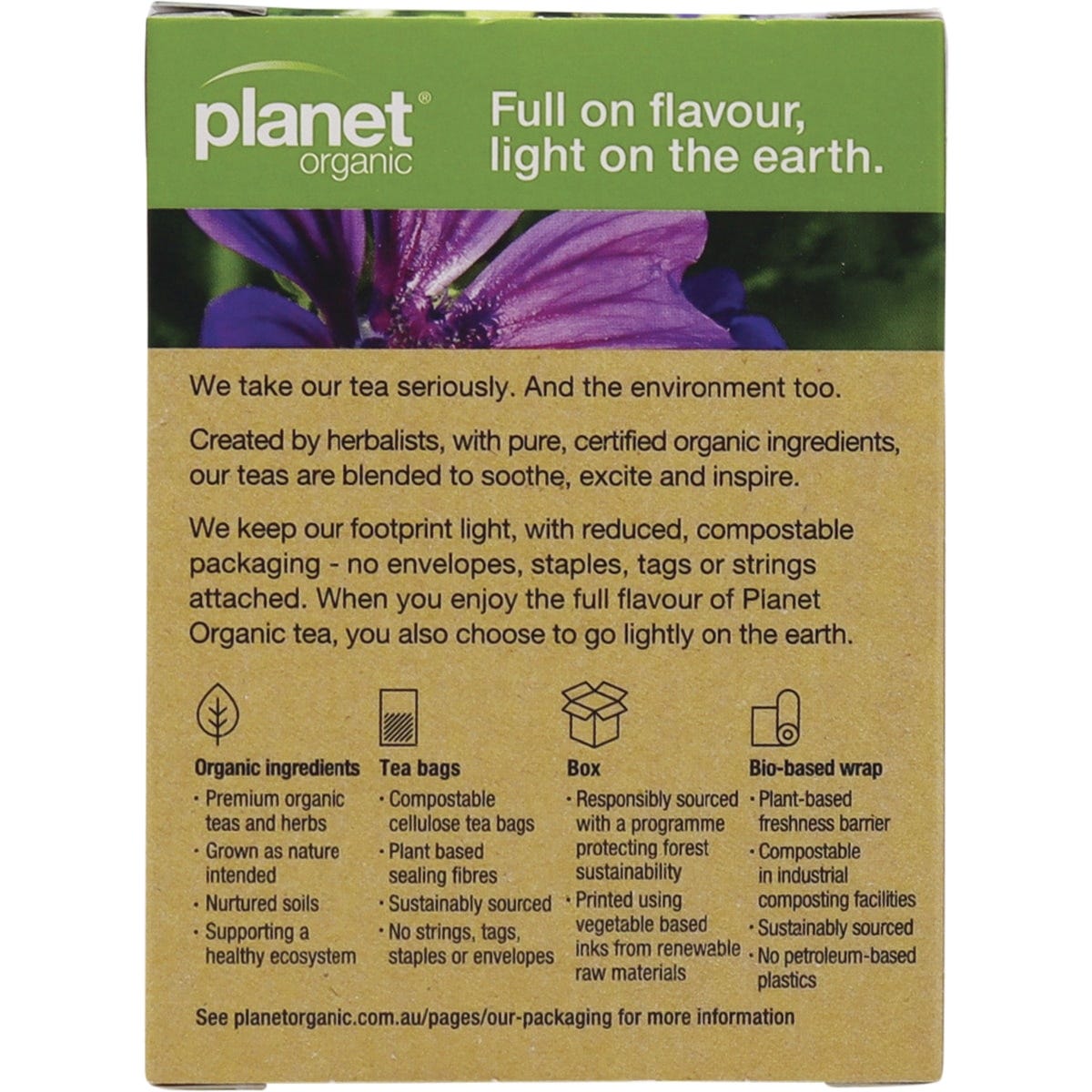 Back of Planet Organic Throat Calm tea box with ingredients, directions, and organic certification details.