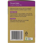 Side view of Planet Organic Throat Calm tea box highlighting its caffeine-free and certified organic features.