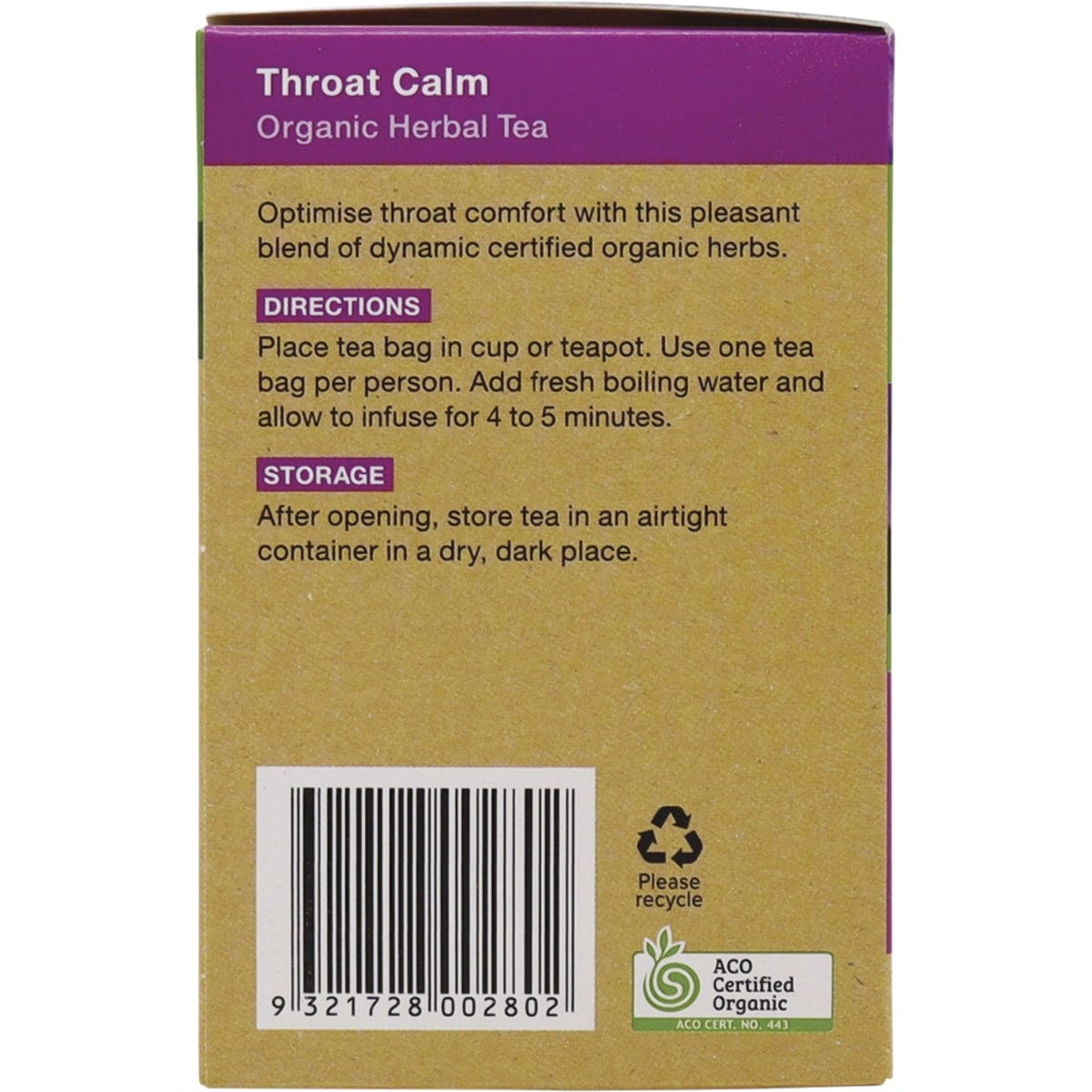 Side view of Planet Organic Throat Calm tea box highlighting its caffeine-free and certified organic features.