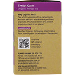 Right side of Planet Organic Throat Calm tea box showing product benefits and a "Caffeine Free" label.