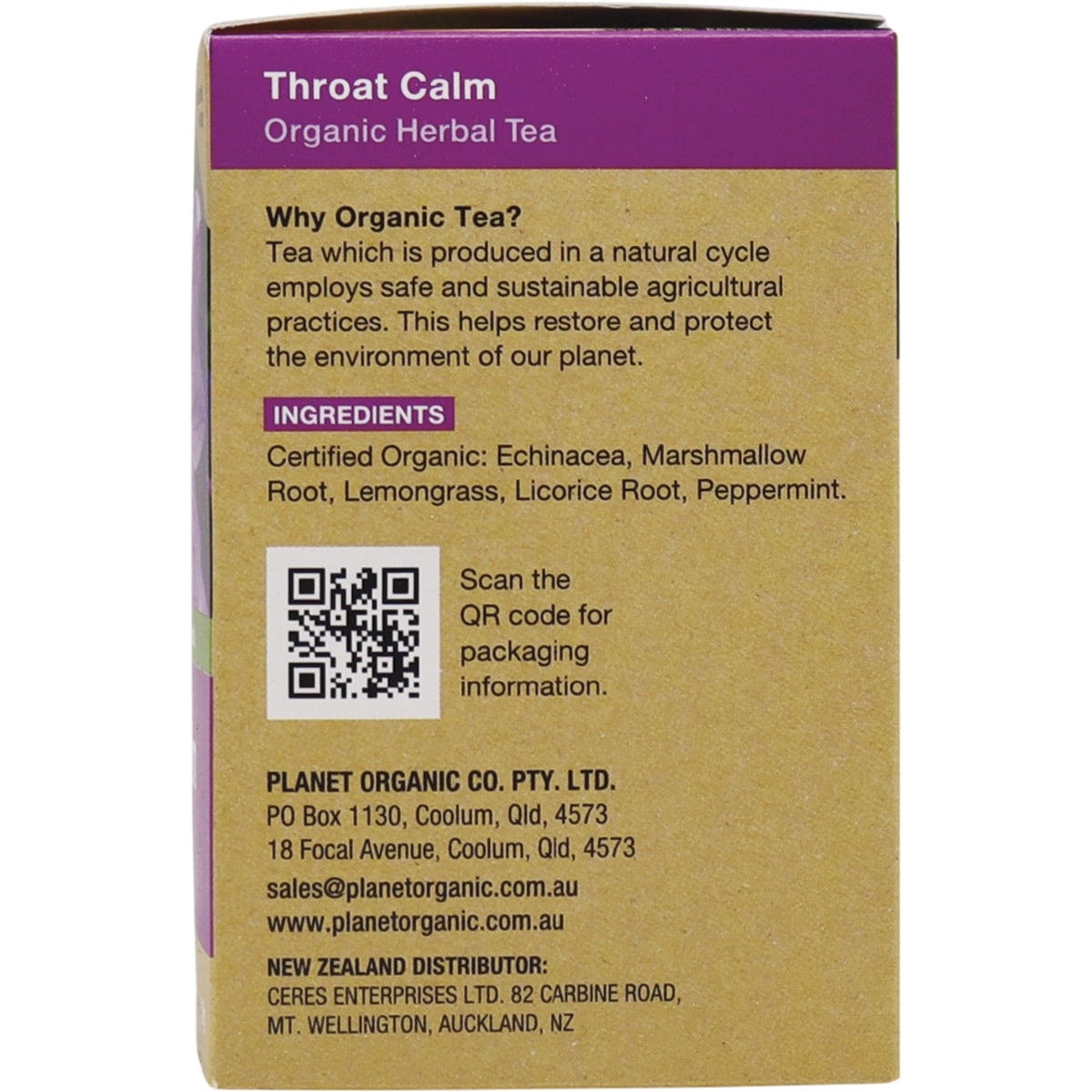 Right side of Planet Organic Throat Calm tea box showing product benefits and a "Caffeine Free" label.